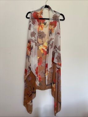 Sheer Floral Tunic Vest in Brown & Red -